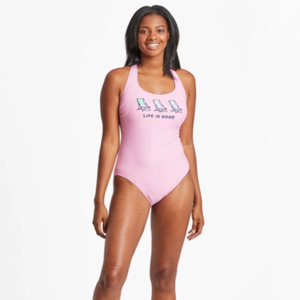 Life Is Good Sz L NEW Happy Pink 3 Beach Chairs Scoop Tie Back 1-Piece Swimsuit